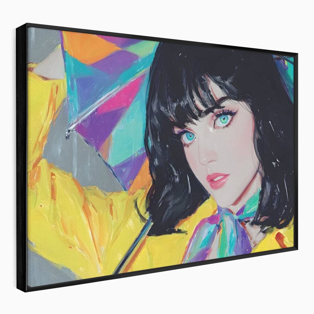 Tablou canvas cu pictura cu femeie bruneta si umbrela colorata, in rama de aluminiu negru